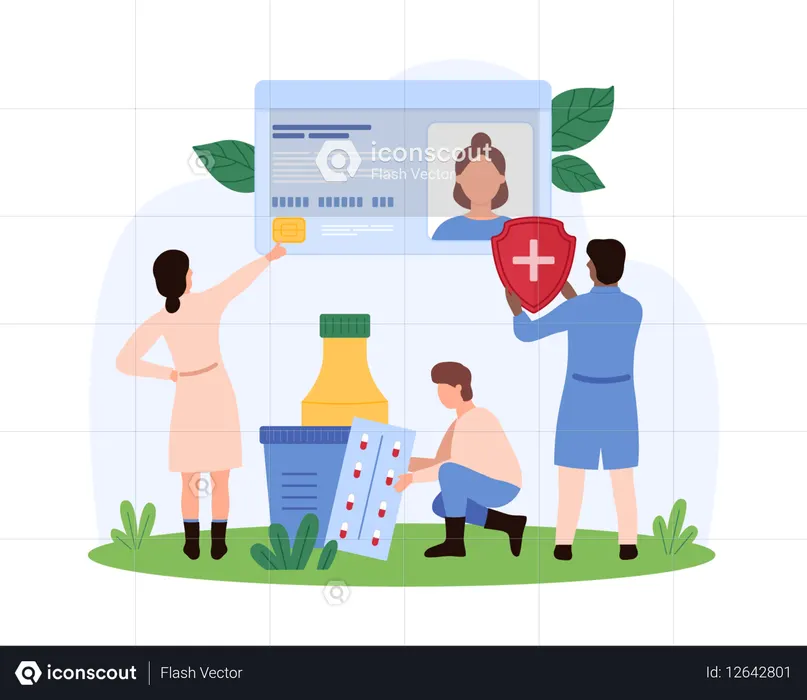 Equipe de saúde verificando informações de identificação médica  Ilustração