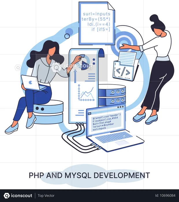 Equipe feminina trabalhando no desenvolvimento de PHP e MySql  Ilustração