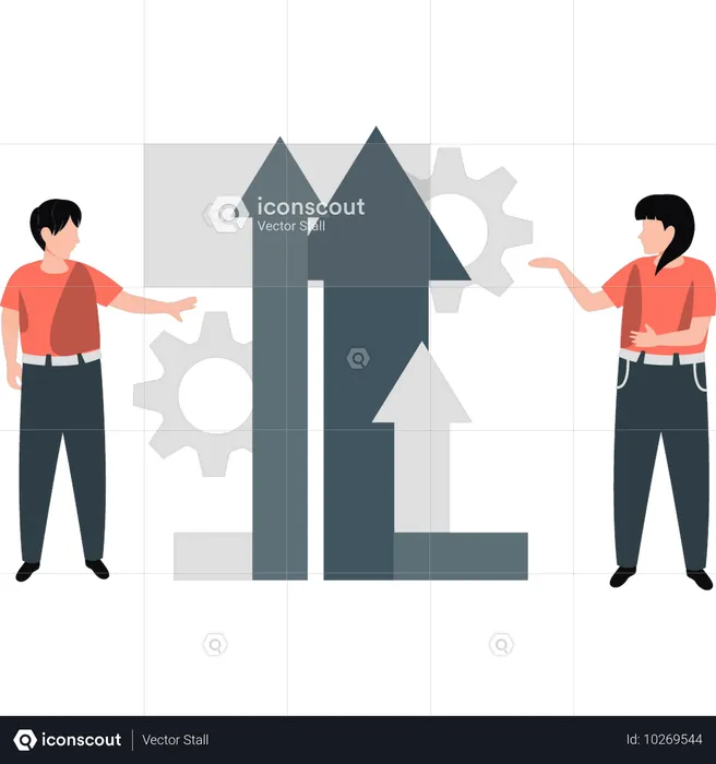 Equipe mostrando setas de crescimento empresarial  Ilustração