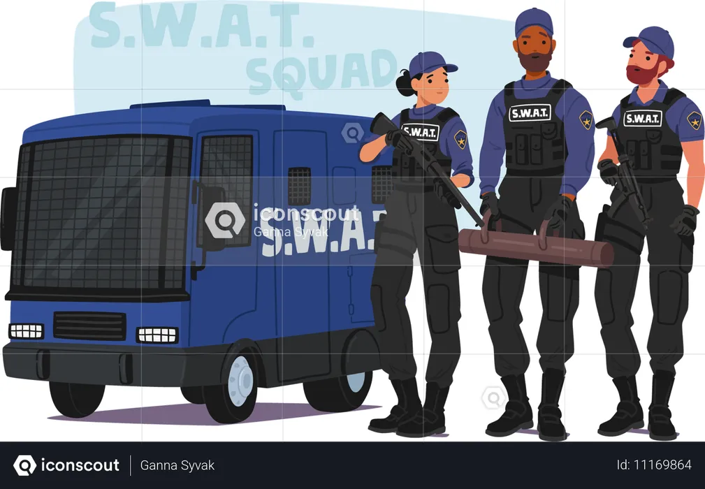 Équipe SWAT debout à côté de leur véhicule blindé  Illustration