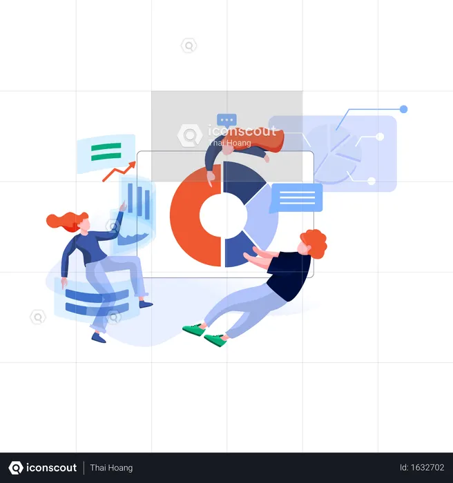 Equipo que analiza datos de gráficos e informes.  Ilustración