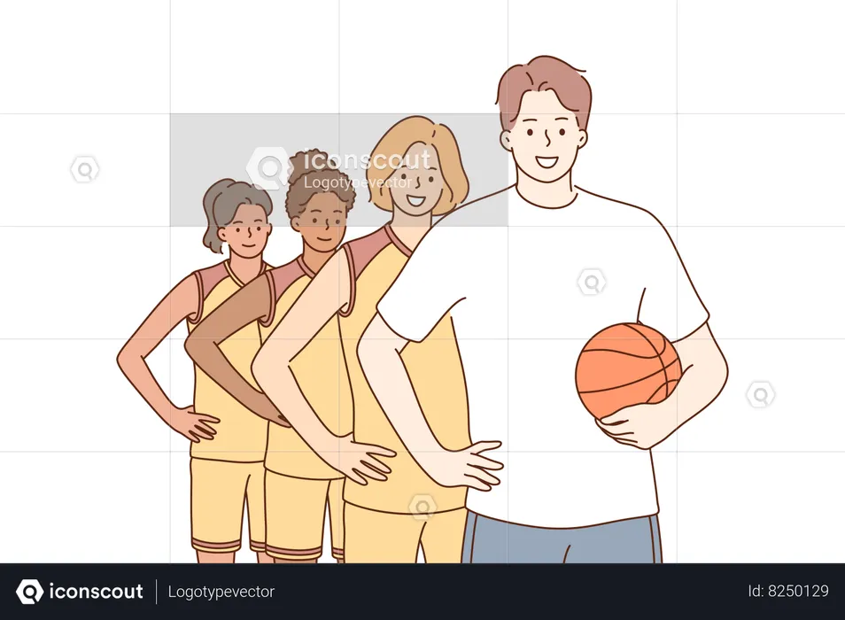 Equipo de baloncesto con entrenador  Ilustración