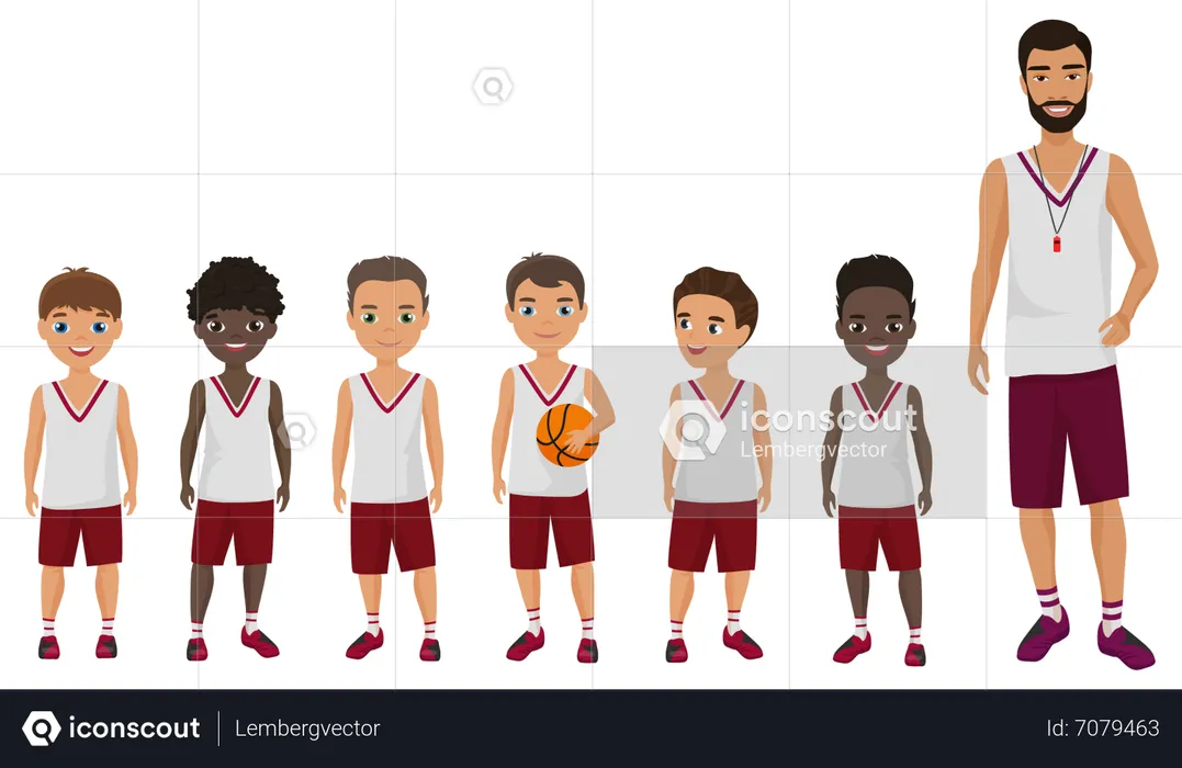 Equipo de baloncesto con entrenador  Ilustración