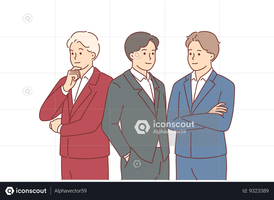 Un equipo de hombres de negocios con trajes formales de diferentes colores está pensando en el plan de desarrollo de la empresa  Ilustración