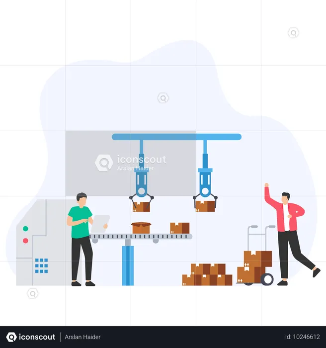 Equipo de ingenieros que verifica el proceso de automatización del embalaje  Ilustración