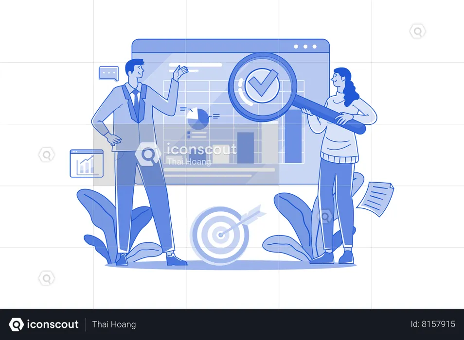 Equipo de investigación trabajando para análisis de datos.  Ilustración