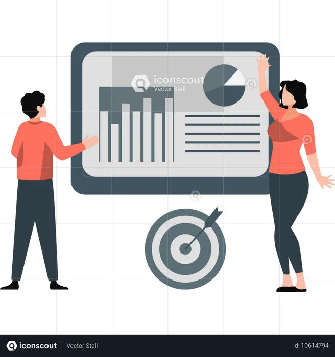 Equipo de negocios analizando datos en un gráfico circular  Ilustración