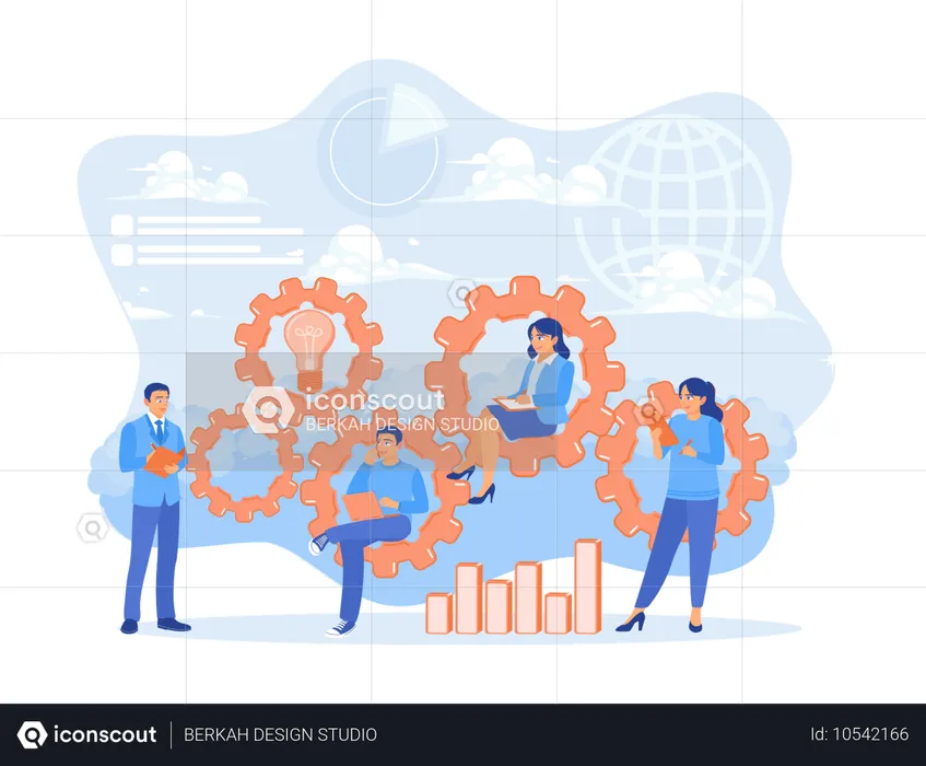 Equipo de negocios trabajando juntos en la empresa y comunicándose entre sí mientras intercambian ideas.  Ilustración