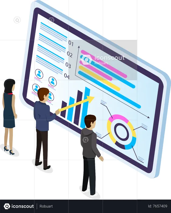 Equipo empresarial que realiza análisis de datos, conceptos para el análisis empresarial y la planificación del trabajo en equipo de consultoría  Ilustración