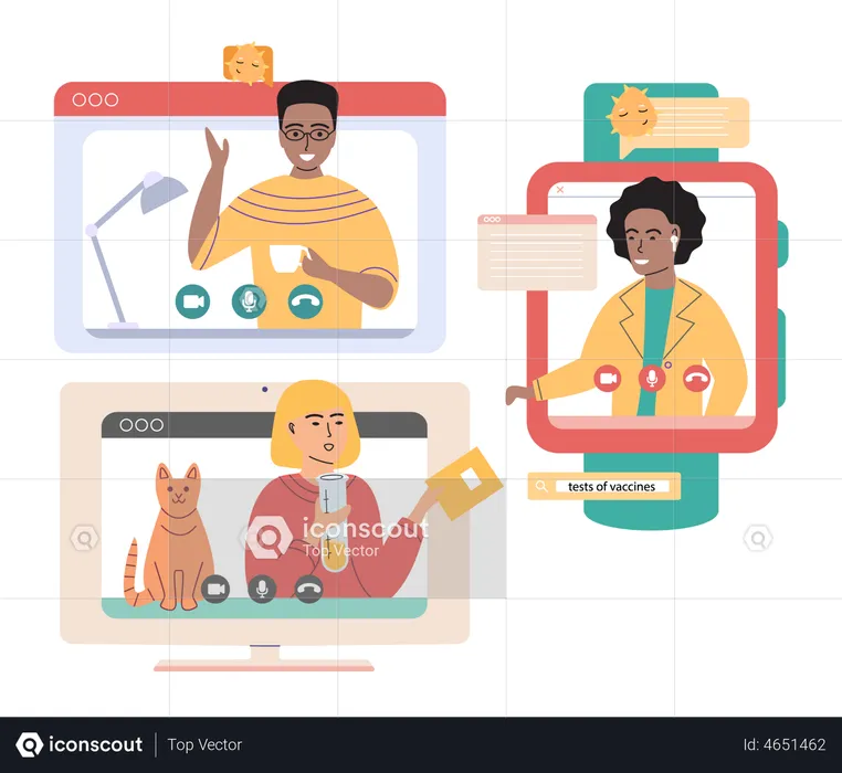 Equipo de negocios realizando reuniones en línea  Ilustración