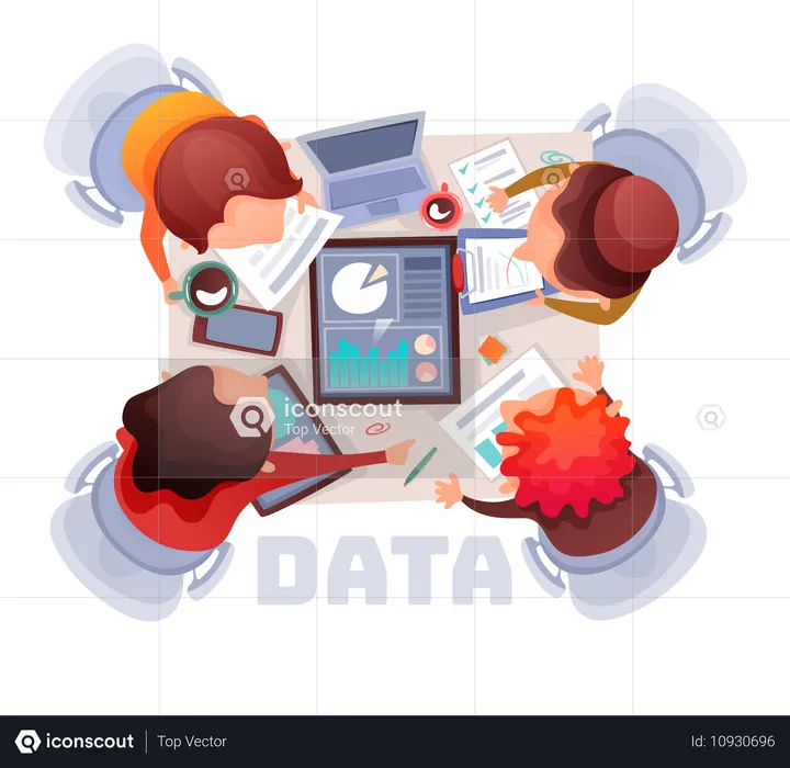 El equipo de la oficina discute el proyecto con gráficos y diagramas  Ilustración