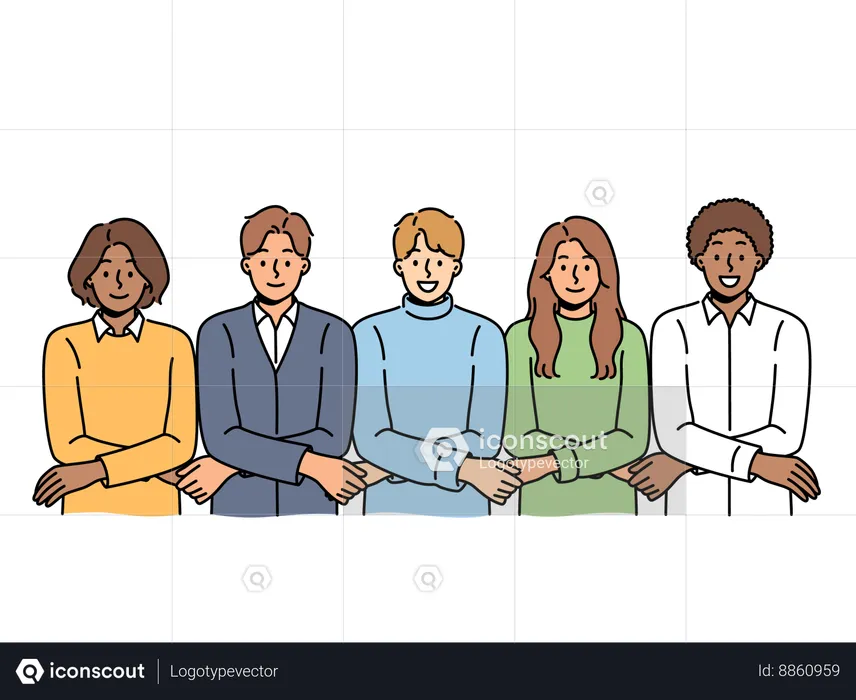 Equipo de personas multirraciales tomados de la mano y mostrando unidad o falta de discordia  Ilustración