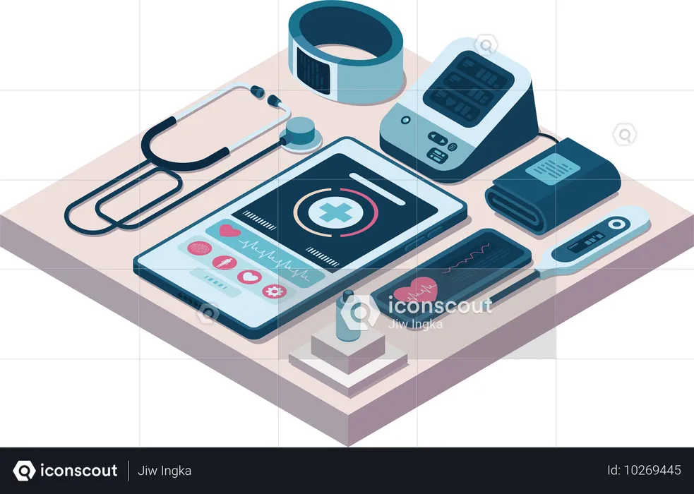 Equipos de telemedicina, incluido el teléfono inteligente  Ilustración