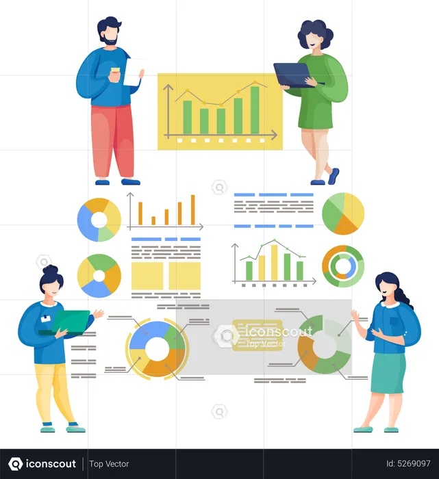 Equipo empresarial analizando datos empresariales.  Ilustración