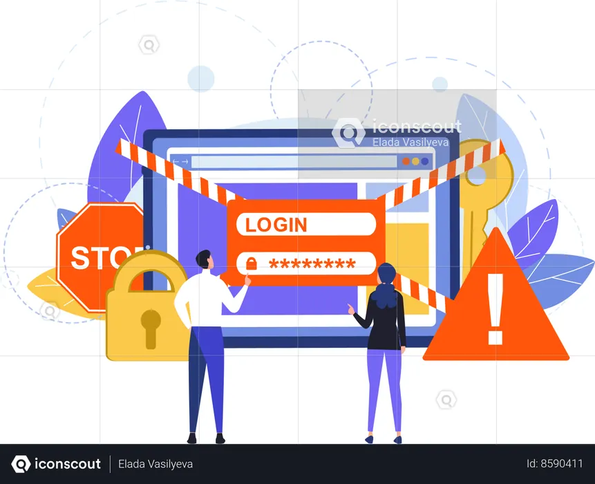 Equipo empresarial con advertencia de autenticación de sitio web empresarial  Ilustración