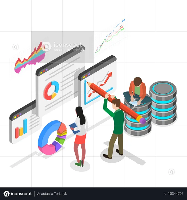 Equipo empresarial que gestiona datos financieros  Ilustración