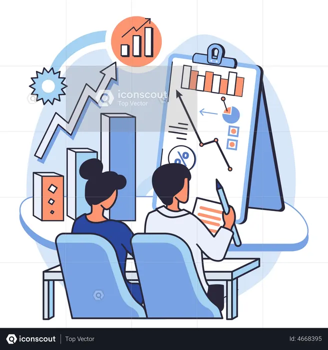 Equipo empresarial haciendo investigación financiera  Ilustración