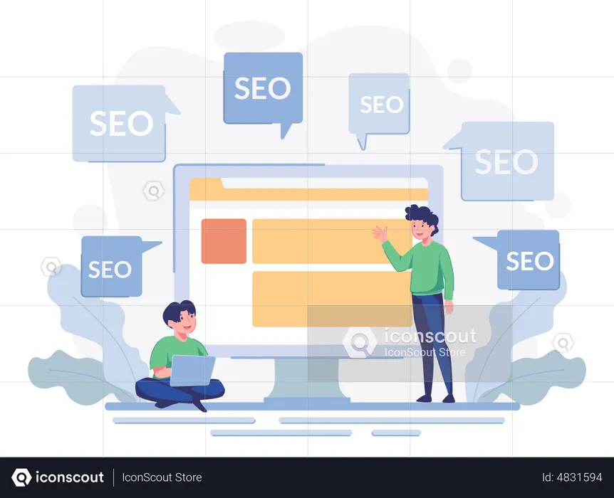 Equipo empresarial trabajando en SEO web  Ilustración