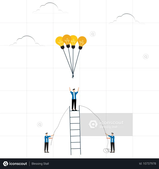 Equipo en escalera alcanza globo con bombilla  Ilustración