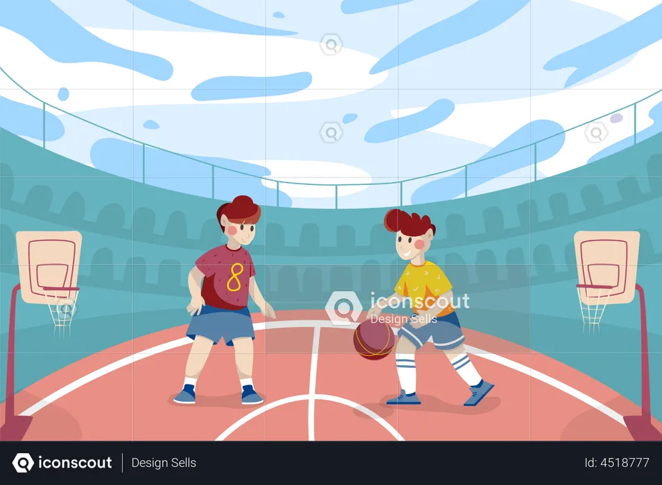 Equipo de niños jugando baloncesto.  Ilustración