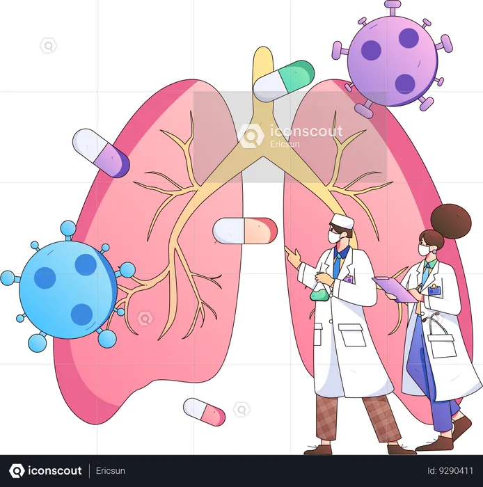 Investigación del equipo médico sobre el virus corona y la infección pulmonar  Ilustración