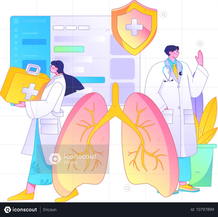 Equipo médico trabajando en infección pulmonar.  Ilustración