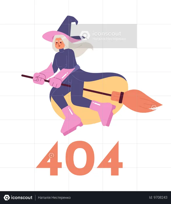 Error 404 de bruja en escoba  Ilustración