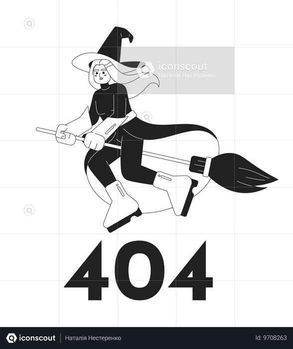 Strega sulla scopa bianco nero errore 404  Illustration