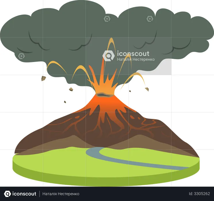 Erupção vulcânica na zona rural  Ilustração