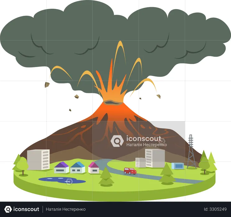 Erupção vulcânica em cidade pequena  Ilustração