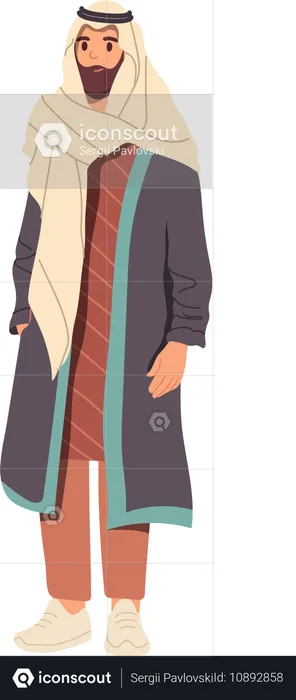 Erwachsener arabischer Mann mit traditionellem Turban, ethnischem Accessoire, Robe und Hosenanzug  Illustration