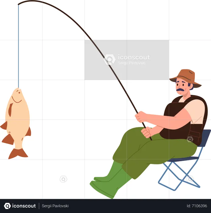 Erwachsener Fischer hält gefangenen frischen Fisch an der Rute, während er auf einem Stuhl sitzt  Illustration