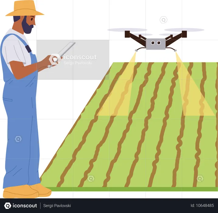 Erwachsener Landwirt nutzt ferngesteuerte Drohne zur Pestizidbehandlung  Illustration