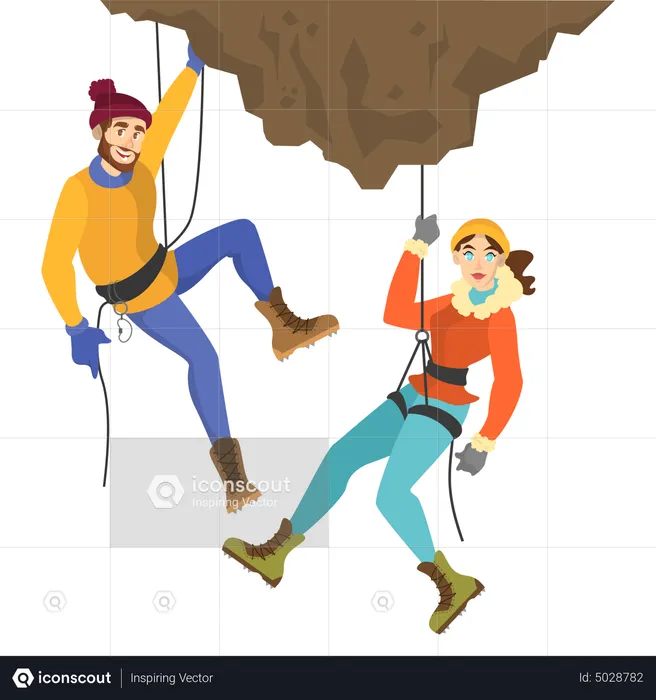Masculino e feminino escalando montanha  Ilustração