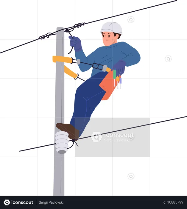Trabajador eléctrico escalador masculino que repara la red eléctrica de la calle de la ciudad usando una cuerda de seguridad  Ilustración