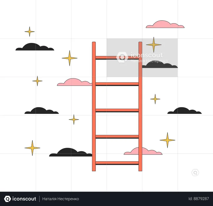 Escalera a estrellas nubes objeto de dibujos animados de línea 2D en blanco y negro  Ilustración