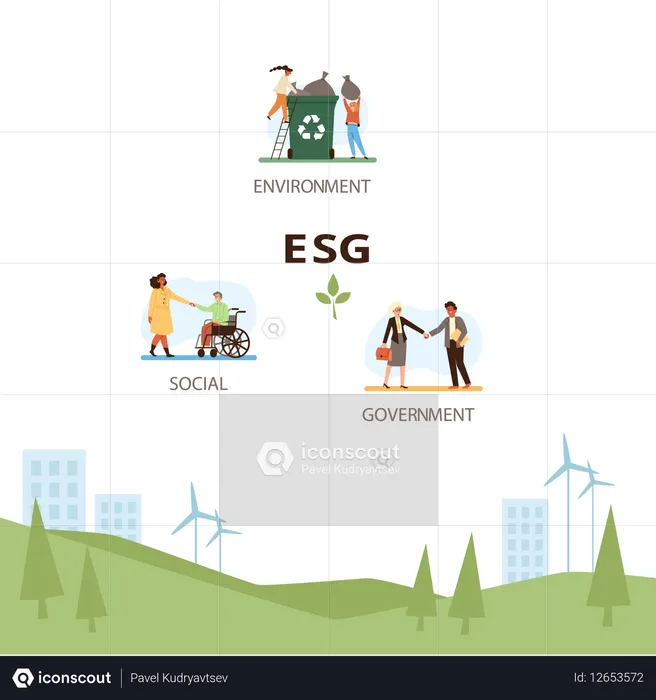 ESG approach on landscape with ecological city social environment and corporate governance  Illustration