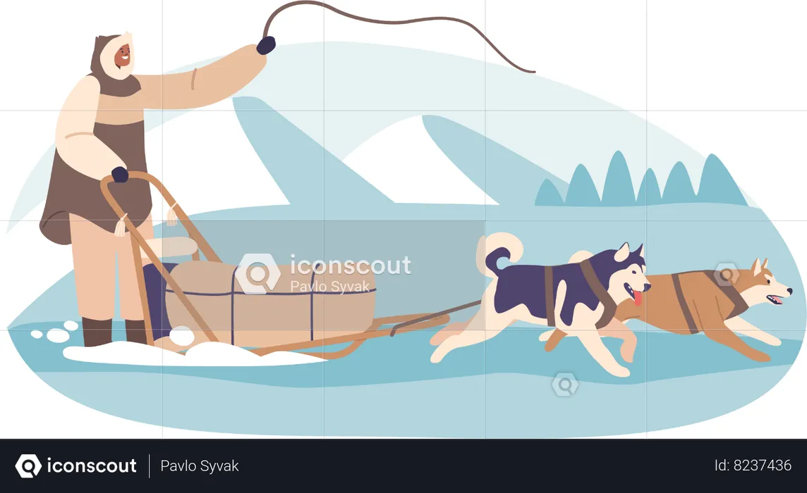 Eskimo guiding dog sled through arctic  Illustration