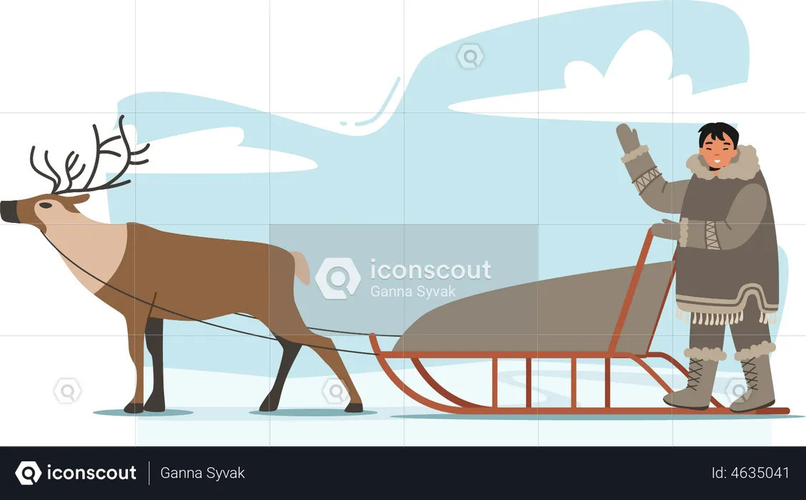 Eskimo Male Riding Reindeer Sleigh  Illustration