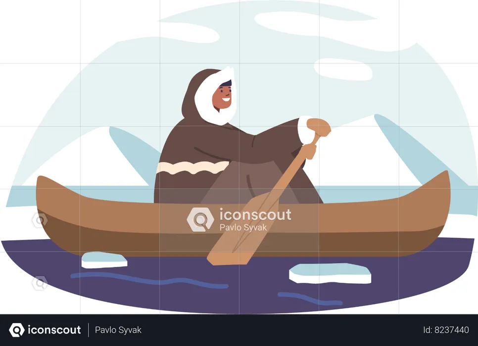 Eskimo navigates boat through icy Waters  Illustration