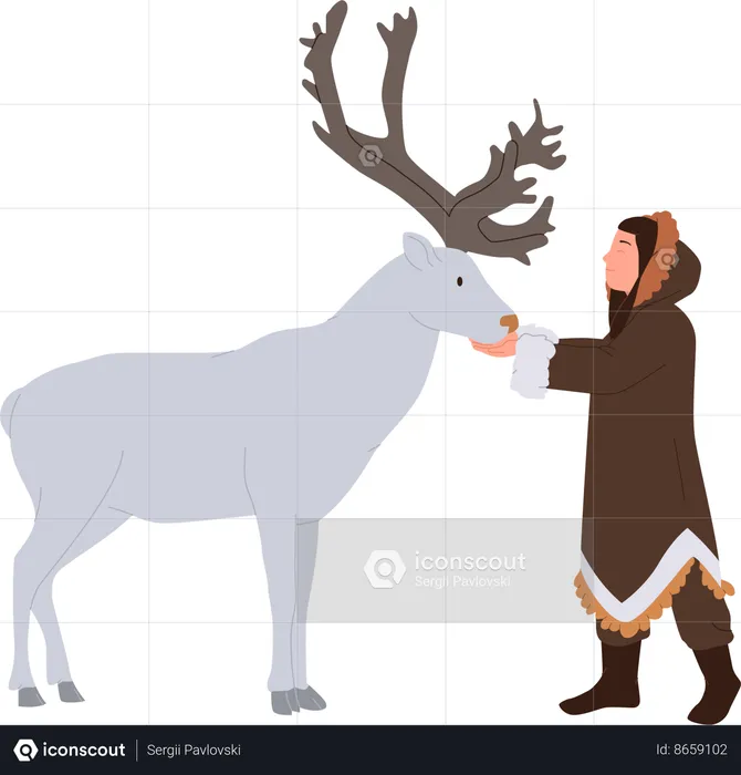 Eskimos woman wearing traditional clothing feeding loving reindeer northern animal  Illustration