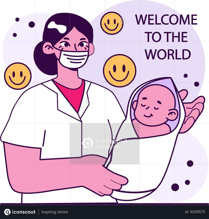 Especialista en obstetricia sosteniendo recién nacido  Ilustración