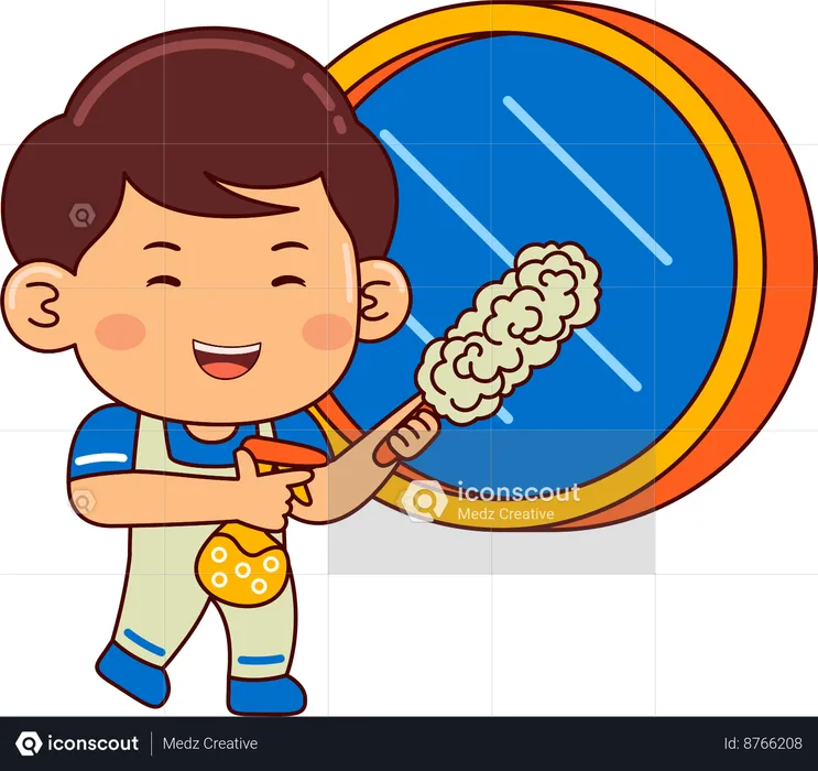 Menino bonito limpando espelho  Ilustração