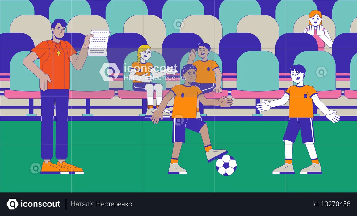 Estádio treinador de futebol crianças praticando  Ilustração