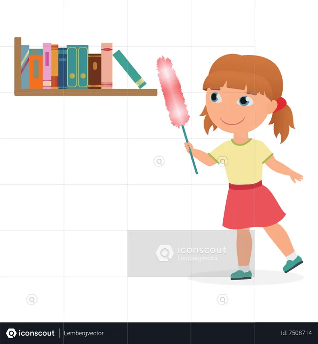 Menina tirando o pó da estante de livros  Ilustração