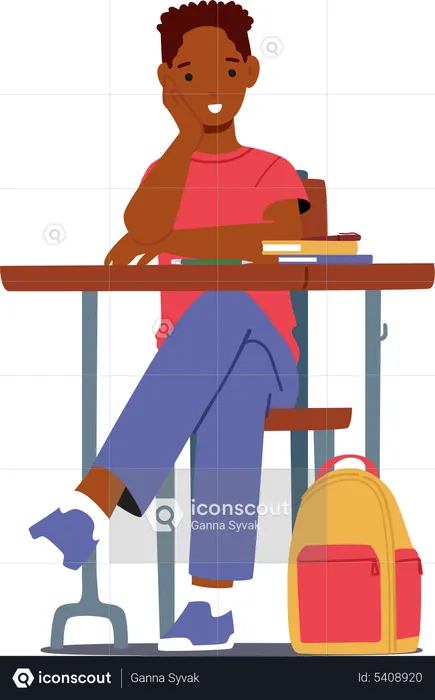 Estudante africano sentado na mesa  Ilustração