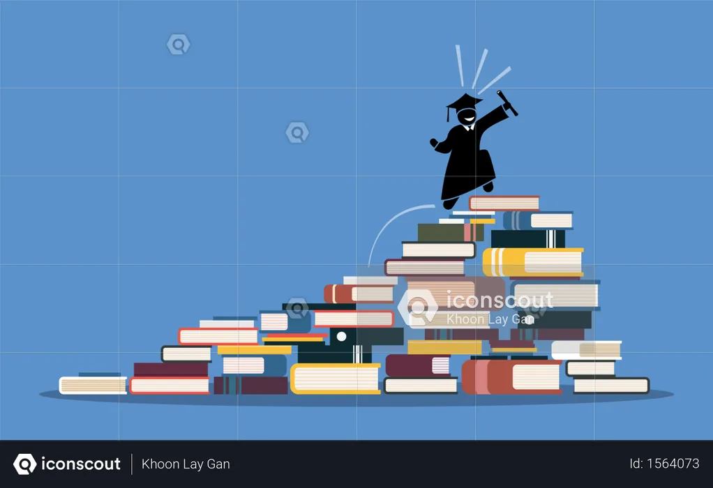 Feliz estudante de graduação subindo até o topo das pilhas de livros  Ilustração