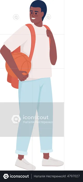 Estudante do ensino médio com basquete e mochila  Ilustração