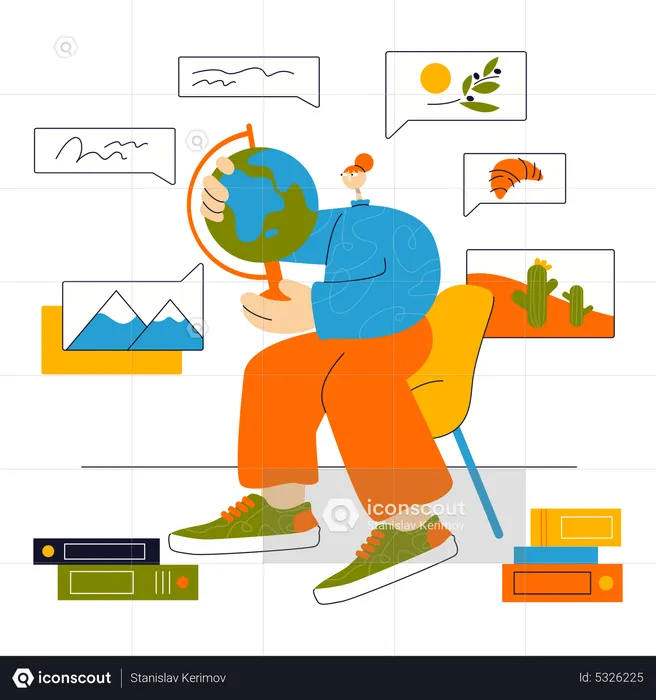 Estudante estudando geografia no globo  Ilustração