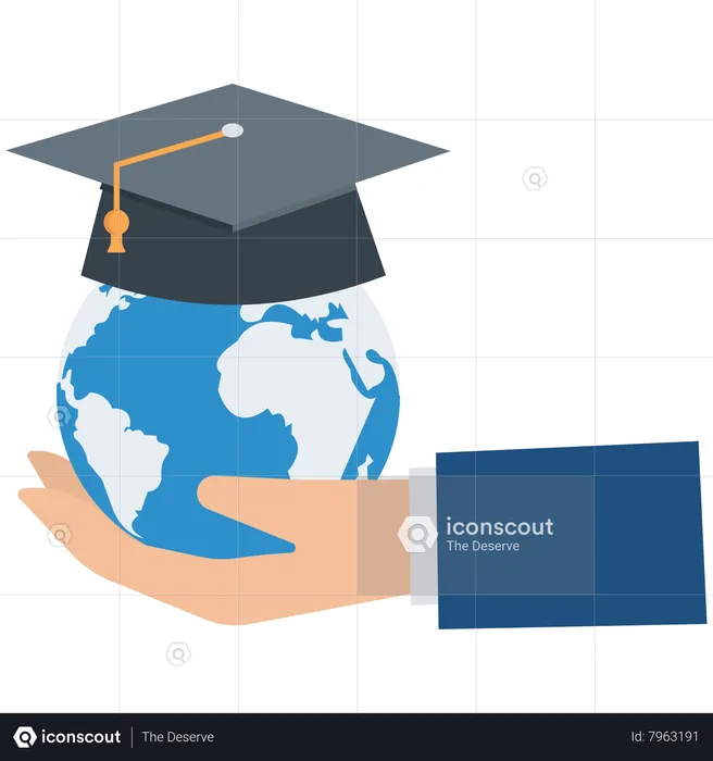 Estudante graduado de sucesso segurando formato de globo usando capelo acadêmico ha  Ilustração